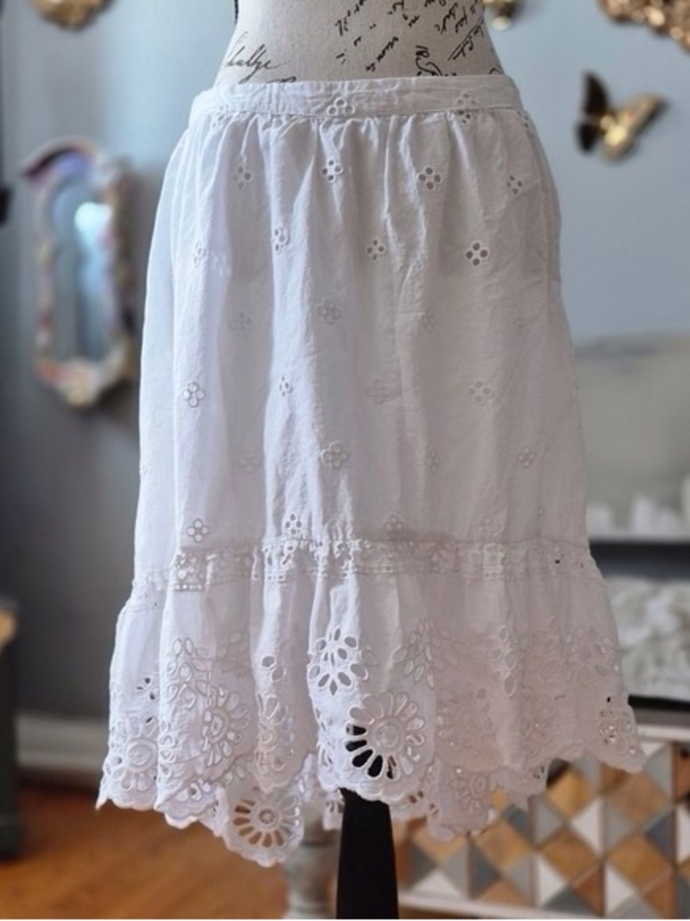 Cupio White Eyelet A-Line Midi Skirt